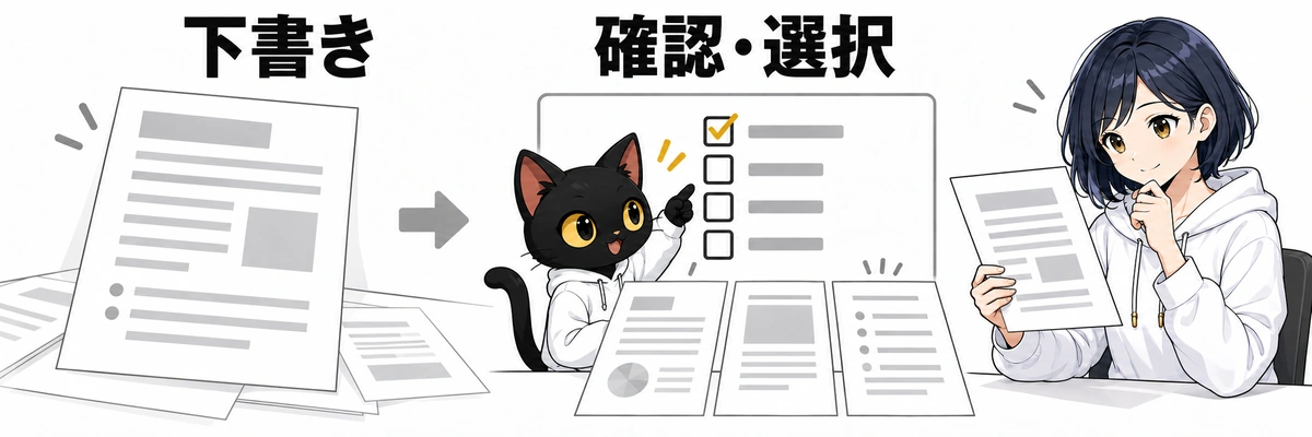 AIの仕事術：下書き後の確認。アキソンとハルカ